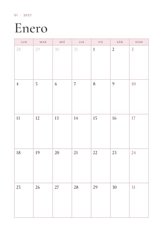 Calendario mensual de enero 2027