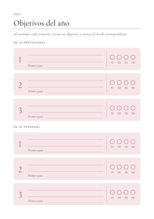 Página de objetivos del año con revisión por trimestres