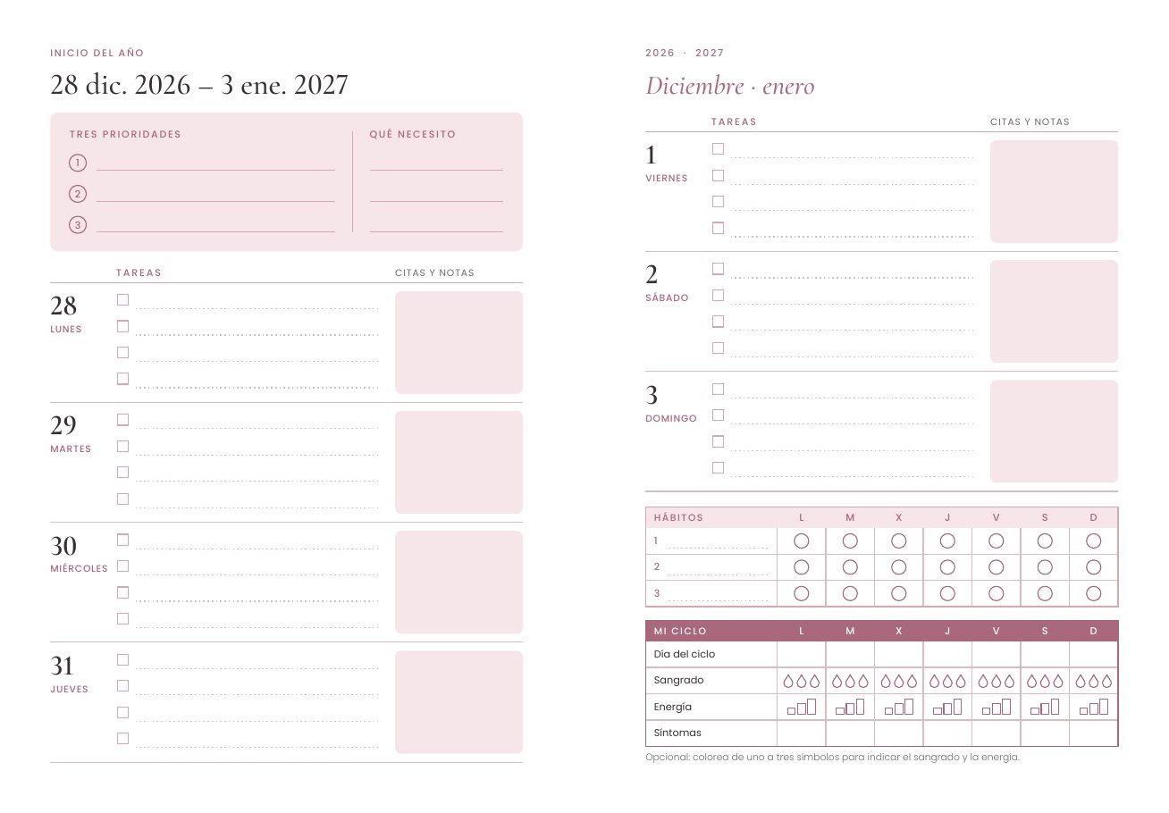 Doble página semanal de la agenda Mimplan 2027: tres prioridades, tareas por día, hábitos y seguimiento del ciclo